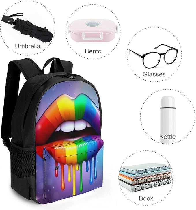 Polyester Daypack Backpack for Climbing Outdoors Running, Big Capacity Multipurpose Anti-Theft Bookbag, Lgbt Gay Homosexual Lesbian Rainbow Lips Travel Hiking Camping Rucksack
