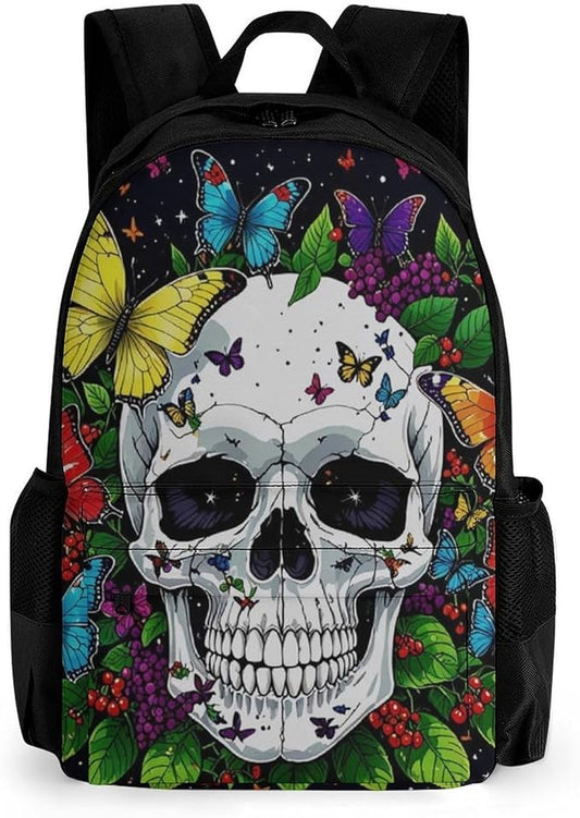 Lightweight Daypack for Camping Business Walking Cycling, Large Capacity Anti-Theft Multipurpose Bookbag, Magic Mushrooms Skull Psychedelic Butterfly Art Gym Outdoor Hiking Backpack