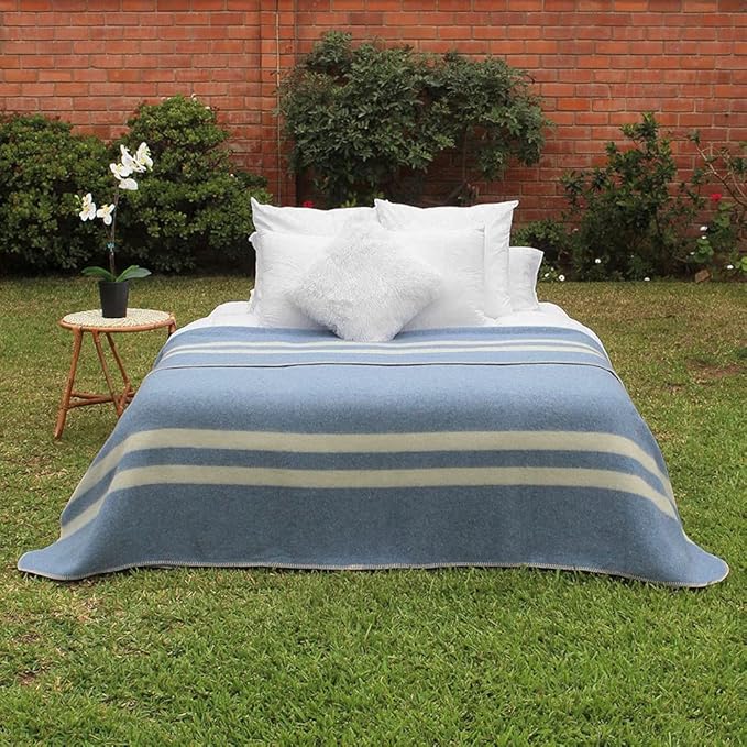 Thick Alpaca Wool Blanket Heavyweight for Camping Outdoors or Using Indoors | Soft Peruvian Alpaca Wool Blankets (Soft Blue - Ivory Stripes 2, Queen)
