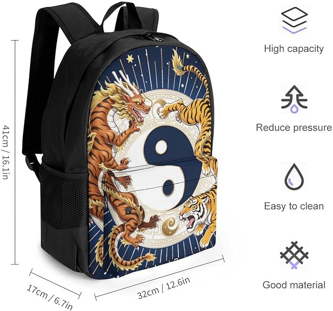 Daypack Backpack Multipurpose Anti-Theft Large Capacity Bookbag, Yin Yang Dragon Tiger Travel Hiking Camping Rucksack With Adjustable Shoulder Straps