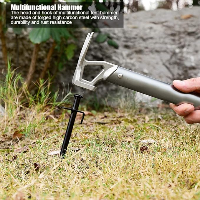 Camping Hammer, 12in Portable Lightweight Multi Functional Tent Hammer with Tent Stake Remover, Stainless Steel Heavy Duty Tent Stake Hammer, Tent Mallet for Backpacking, Hiking, Gardening, Outdoor
