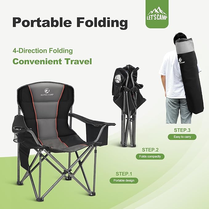 LET'S CAMP Folding Camping Chair Oversized Heavy Duty Padded Outdoor Chair with Cup Holder Storage and Cooler Bag, 450 LBS Weight Capacity, Thicken 600D Oxford