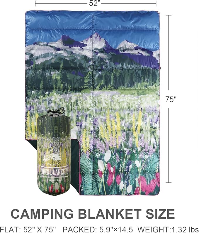 APSMILE Outdoor Down Blanket | Extra Warm & Puffy Camping Blanket | Water-resistant, Lightweight, Packable Sleeping Quilt for Camp, Travel, Hiking, Picnic, Backpack (Flower Valley HD Printed, 52"x75")