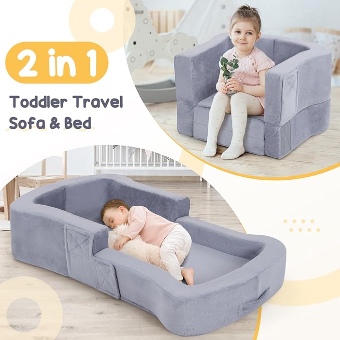 Toddler Travel Bed, 2-in-1 Foldable Portable Toddler Bed Sofa Chair, Soft Baby Kids Travel Floor Cot with Washable Covers Safety Foam Raised Bumper for Camping Hotel Sleeping (Grey)