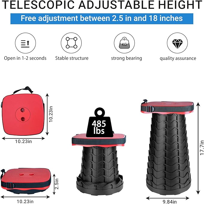 Upgraded Square Folding Stool, Max Load Capacity 485lbs, Portable Collapsible Seat, Telescoping Foldable Stool for Camping,Fishing,Hiking,Travel