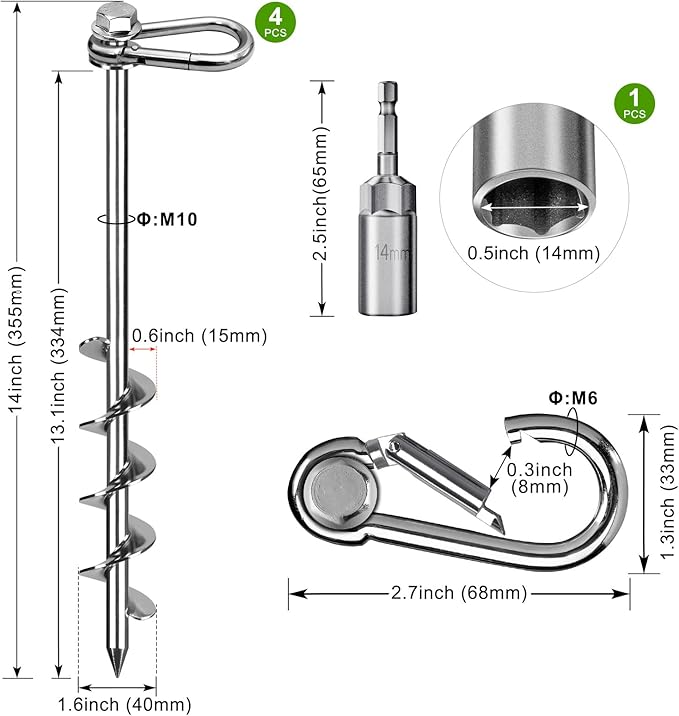 SELEWARE 4 Pack Trampoline Stakes Heavy Duty Ground Anchors High Wind Trampoline Stakes Anchors Spiral Earth Anchors for Secure Animals Trampolines Tents Shed Swing Set Mobile Homes Carport