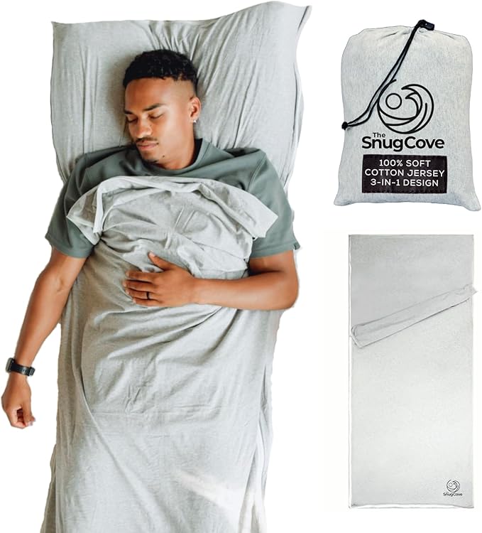 Soft Cotton Sleeping Bag Liner – 100% Organic Jersey Cotton Travel Sheet with Full Zipper, Lightweight Camping Sheet for Hotel & Travel, Single or Double Convertible Stretchy Sleep Sack for Adults