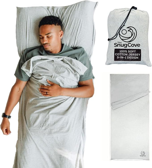 Soft Cotton Sleeping Bag Liner – 100% Organic Jersey Cotton Travel Sheet with Full Zipper, Lightweight Camping Sheet for Hotel & Travel, Single or Double Convertible Stretchy Sleep Sack for Adults