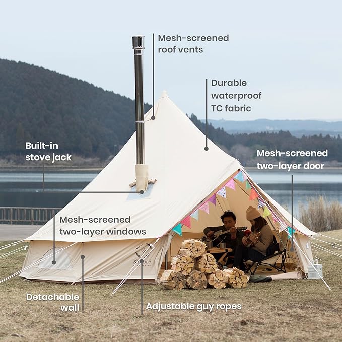 S'More Canvas Family Camping Tent - 4-5 Person, 4 Season Glamping Tent with Stove Jack and Windproof, Weather Resistant Bell
