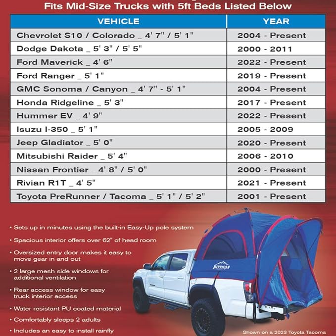 Pittman - Truck Bed Tent with EZ-UP Design - Truck Tent for Camping - Includes Rain Fly, Extra Wide Entry, Oversize Air Mesh & Porch Cover - Premium Truck Bed Camper