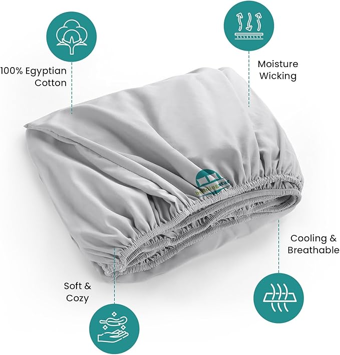 Queen Fitted Sheet 60 x 80 Inches 6" Deep Pocket 100% Egyptian Cotton 600 Thread Count Snug Fit for Trifold Mattress, Narrow Twin, Camp Bunk, Guest Bed, Army Cot Soft & Breathable – Silver Grey