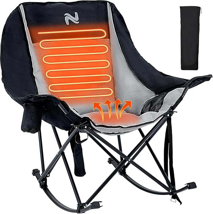 Begonia.K Oversized Heated Rocking Camping Chair - 400lbs Capacity Padded Camping Recliner w/ 3 Levels Back Seat Heat - Folding Lawn Chair with Side Pockets for Camp Patio Backyard