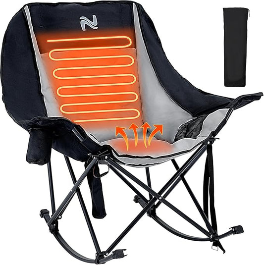 Begonia.K Oversized Heated Rocking Camping Chair - 400lbs Capacity Padded Camping Recliner w/ 3 Levels Back Seat Heat - Folding Lawn Chair with Side Pockets for Camp Patio Backyard