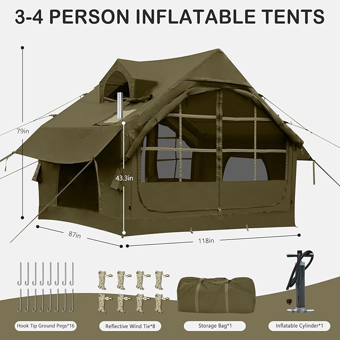 Inflatable Tents with Hand Pump Hot Tent with Stove Jack Easy Blow Up Glamping Tent with Mesh Windows, 4-6 Person Instant Family Camping Tents Waterproof for 4 Seasons