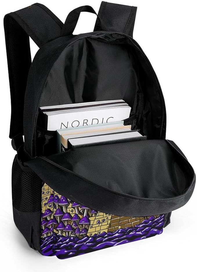 Men Women Polyester Trippy Magic Pyramid Mushrooms Universe Art Daypack Big Capacity Shoulder Bag With Smooth Zippers for Hiking Work Walking Cycling
