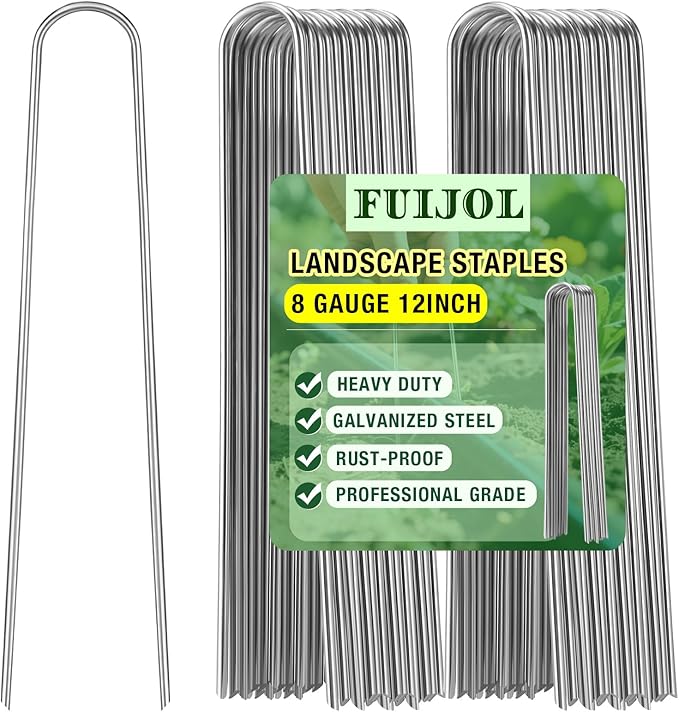 8 Gauge Landscape Staples, FUIJOL 12 Inch Heavy Duty U-Shaped Landscape Stakes, 25 Pack Galvanized Garden Staples for Weed Barrier Stakes, Ground Cover, Irrigation Tubing, Fence (25)