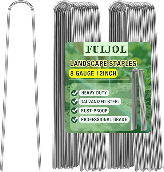 8 Gauge Landscape Staples, FUIJOL 12 Inch Heavy Duty U-Shaped Landscape Stakes, 25 Pack Galvanized Garden Staples for Weed Barrier Stakes, Ground Cover, Irrigation Tubing, Fence (25)