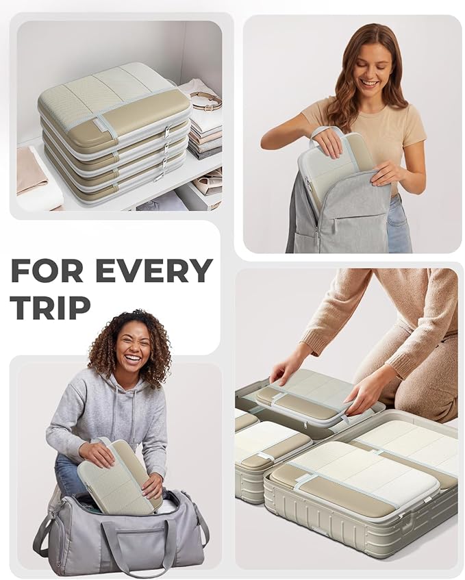 Percover Compression Packing Cubes 4-Piece Set, Packing Cubes Compression for Travel with Label Pockets, Travel Organizer for Carry On & Checked Luggage, Camel
