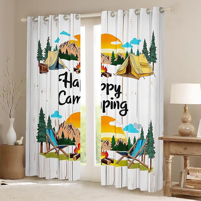 Erosebridal Happy Camping Window Curtains 42" Wx90 L Camper Adventure Blackout Curtains for Bedroom Living Room,Camping Lovers Window Treatments Wooden Plank Rustic Drapes Decor 2 Panels