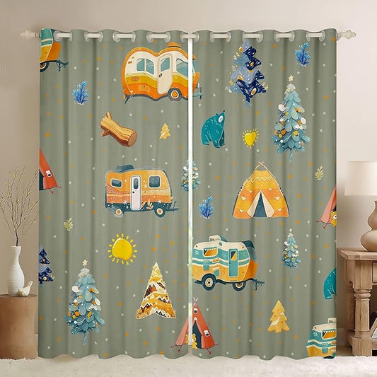 Feelyou Camping Camper Curtains for Bedroom Living Room Adventure Camper Blackout Shades Happy Camping Room Darkening Curtain Window Treatments, 2 Panels 42 x 63 Inch Decor