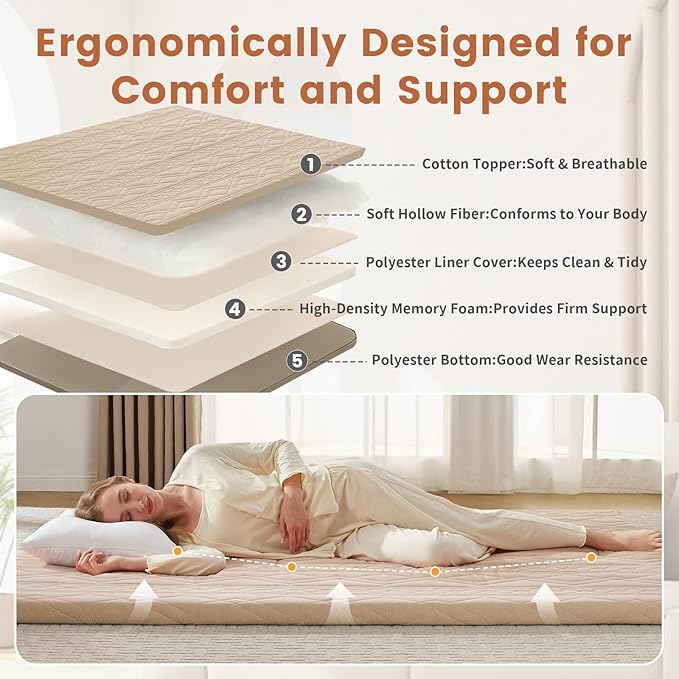 Japanese Floor Mattress Futon Mattress, 100% Cotton Washable Cover, Roll Up 2.5" Thick Tatami Mat, Portable & Foldable Floor Bed Mattress for Sleeping, Guest Room, Dormitory (Full, Coffee)