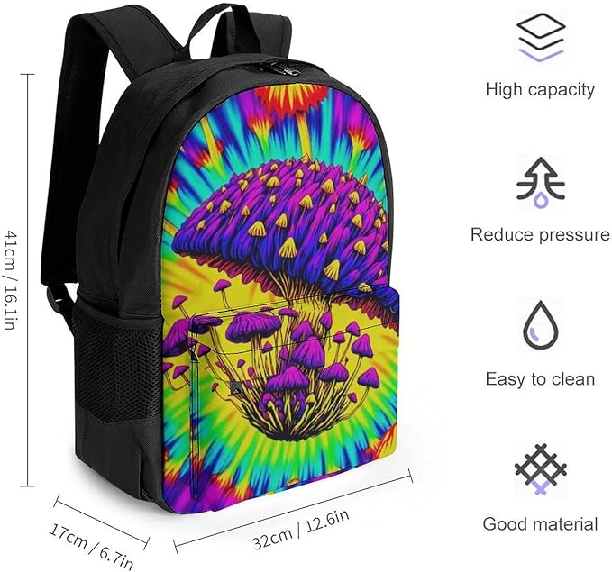 Backpack Lightweight Anti-Theft Multipurpose Psychedelic Mushrooms Tie Dye Art Shoulder Bag Large Capacity Travel Hiking Backpack With Padded Straps