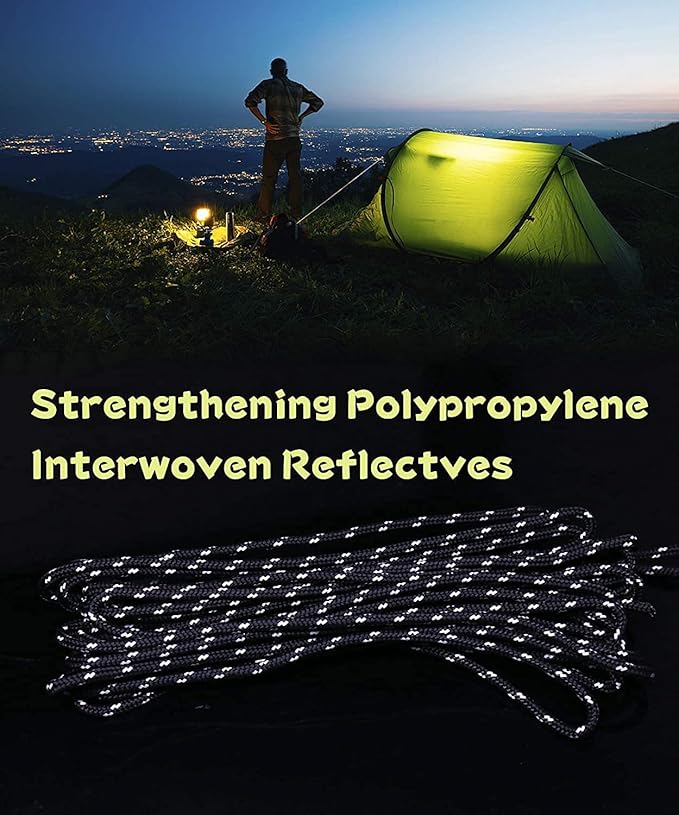 Hikeman Heavy Duty Camping Rope - 6 Pack 5mm Outdoor Reflective Guy Lines with Tensioner Adjuster Strong Nylon Cord for Large Tent Big Tarp Canopy Tie Downs (Fluorescent Green)
