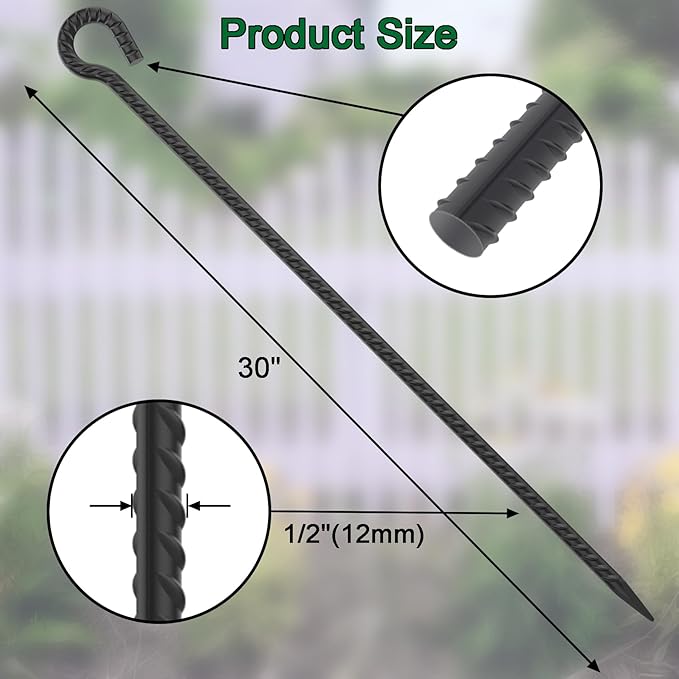 1/2 inch Rebar Stakes 36 Inches Long 6 Pack Steel Tent Anchors Heavy Duty Metal Tree Stakes and Supports Steel Ground Anchor for Outdoor Camping, Garden Path, Fence, Walkway and Canopy (Black)