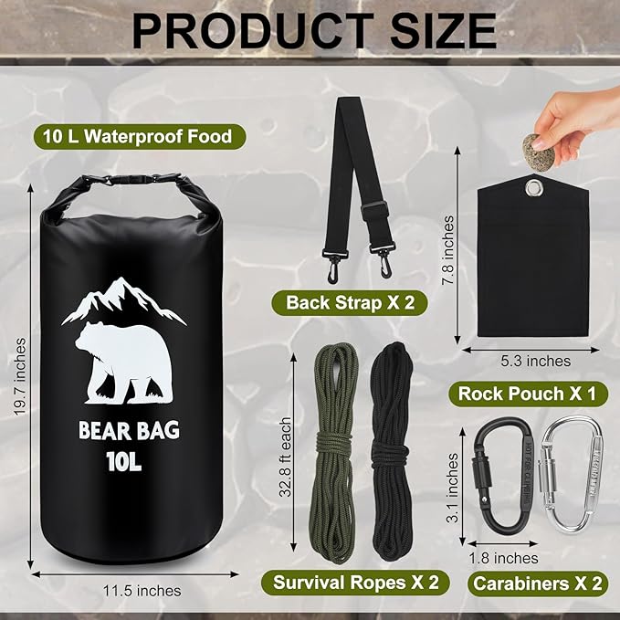 1 Set Bear Bags for Food Backpacking 10L Bear Food Bag Hanging System Bear Proof Food Storage Includes Waterproof Bear Bag, Rock Pouch, Hooks and Nylon Ropes for Camping Hiking (10 L, Black)