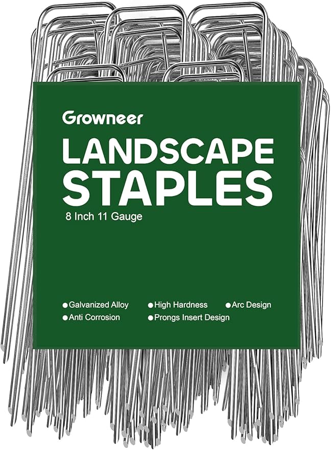 GROWNEER 8 Inch 50 Pack Landscape Staples Heavy Duty 11 Gauge Galvanized Steel Garden Stakes Securing Pegs for Securing Weed Fabric Landscape Fabric Netting Ground Sheets and Fleece