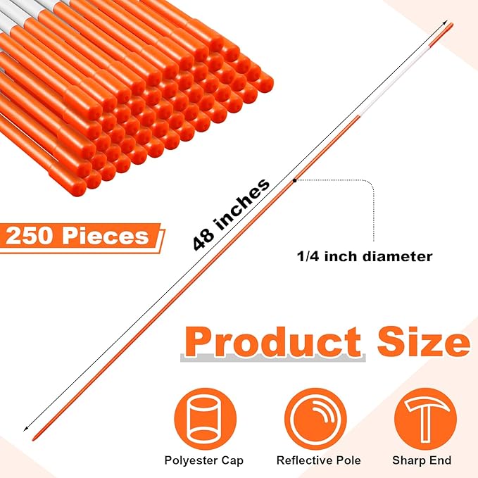 250 Pcs 48 Inch Driveway Marker Driveway Reflectors 1/4 Inch Dia Plow Stakes Reflective Driveway Markers Poles Fiberglass Snow Stakes with Reflective Tape for Easy Visibility