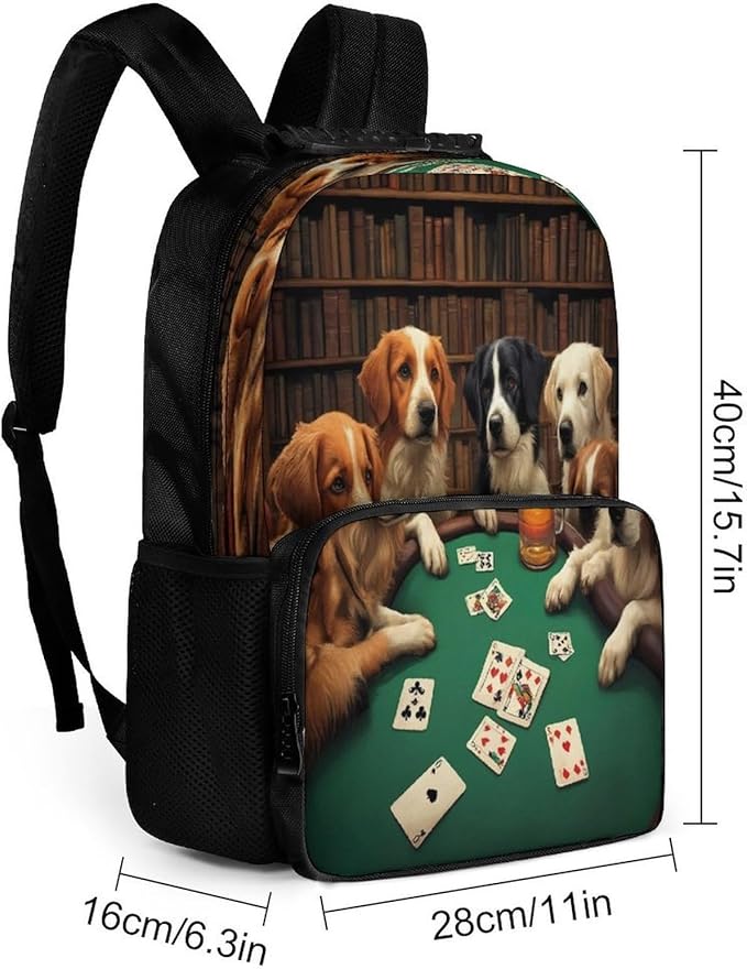 Daypack Polyester Anti-Theft Multipurpose Dogs Playing Poker Cards Library Funny Dog Bookbag Big Capacity Gym Outdoor Hiking Backpack With Adjustable Shoulder Straps