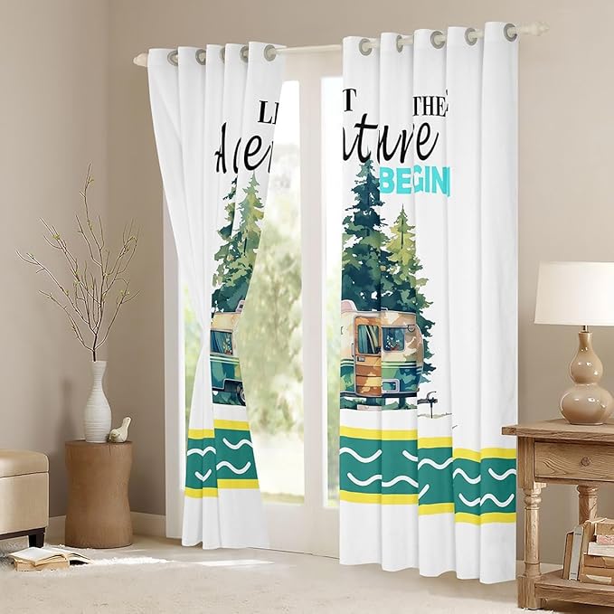 Happy Camping RV Kids Blackout Curtains,Camper Trailer Nature Adventure Boys Girls Room Decor,Pine Tree Rustic Farmhouse Window Drapes,Country Green 2 Panels,42Wx90L inch
