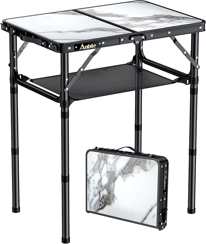 Folding Camping Table with Storage Net, 3 Adjustable Height Max 27.5" Aluminum Small Folding Table, Portable Table with Carry Handle, Lightweight, for Outdoor Indoor Travel Camping Picnic