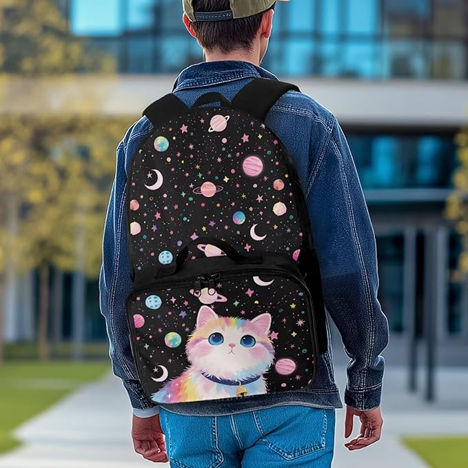 HUGS IDEA Cosmic Cat Backpack for School Girls 3th Grade School Bag for Kids 17 Inch Students Bookbag Lightweight School Bookbag for Girls with Lunch Bag Large Kids Travel Daypack