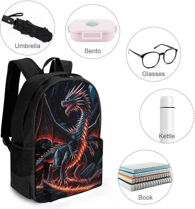 Supdreamc Backpack Multipurpose Anti-Theft Large Capacity Bookbag, Black Cool Dragon Travel Hiking Daypack With Side Pockets