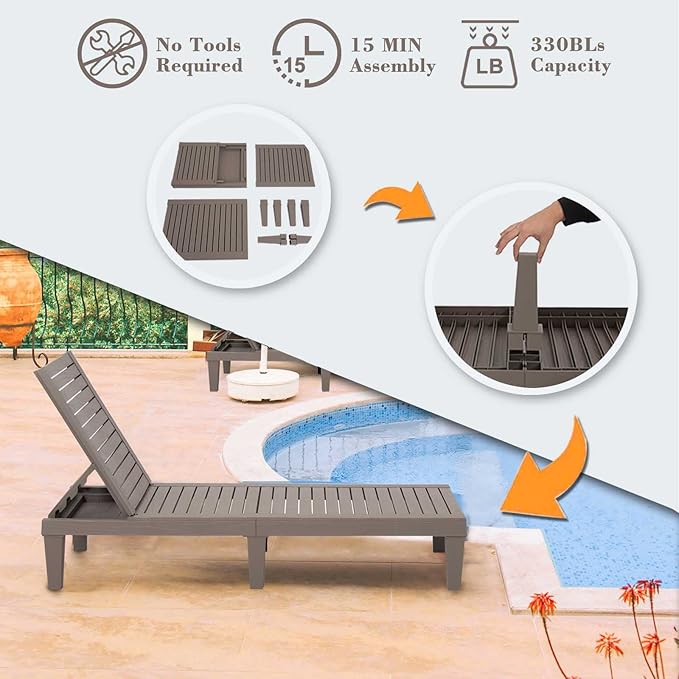 Outdoor Chaise Lounge Chair for Pool, Patio Bench Waterproof Sunbed,Grey