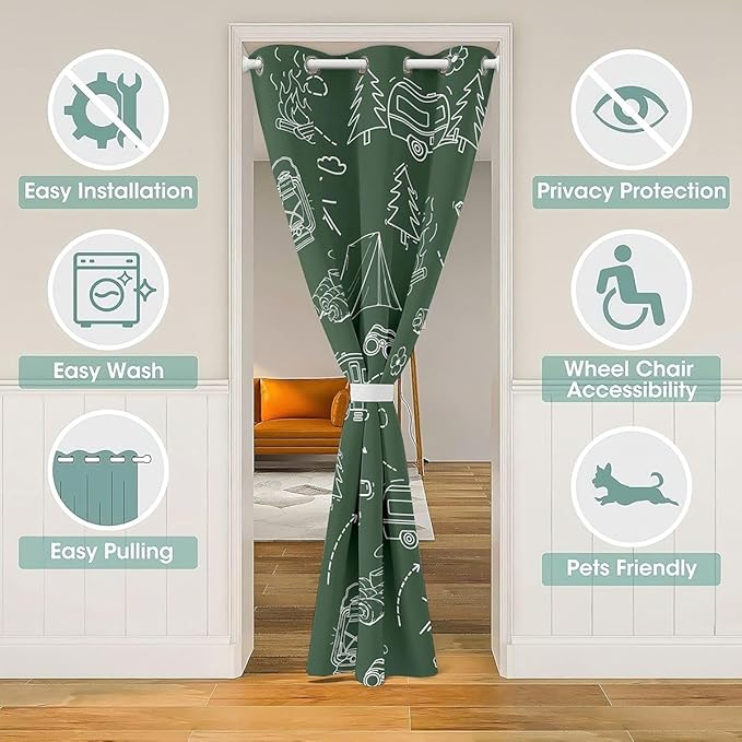 Happy Camping Doorway Curtains Privacy for Kids Adults - Outdoor Adventure Theme Blackout Curtain Rustic RV Camper Campfire Closet Door Curtain Funning Camping Room Divider Drape 59"W x 80"L