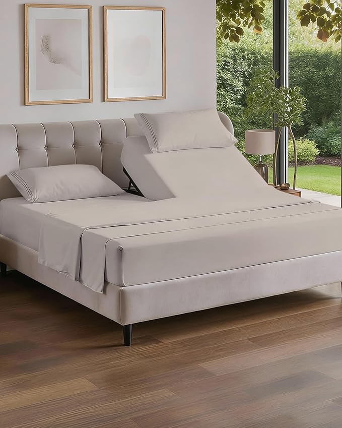 Flex Top Split Head King 4 Piece Sheet Set - Comfy Breathable & Cooling Bed Sheets Set - Hotel Luxury Bedding for Women, Men, Kids, Teens, Boys & Girls - Deep Pockets, Soft and Oeko-Tex - Light Grey