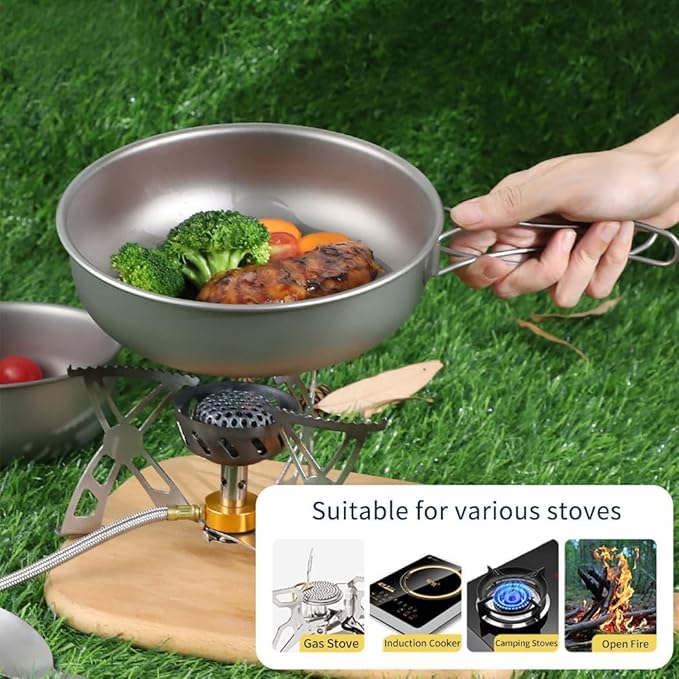 BY-J 2 Piece-Set, Outdoor Titanium Frying Pan with Folding Handle Camping Hanging Cookware Hiking Picnic Ultralight Tableware