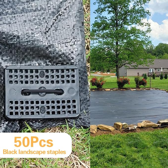 Bakulyor 50 Pcs Black Landscape Staples + 50 Pcs Buffer Washer, 6 Inch 11 Gauge Garden Stakes Anchor, U Shaped Galvanized Lawn Pins Heavy Duty Yard Ground Pin for Weed Barrier Sod Fabric Decorations