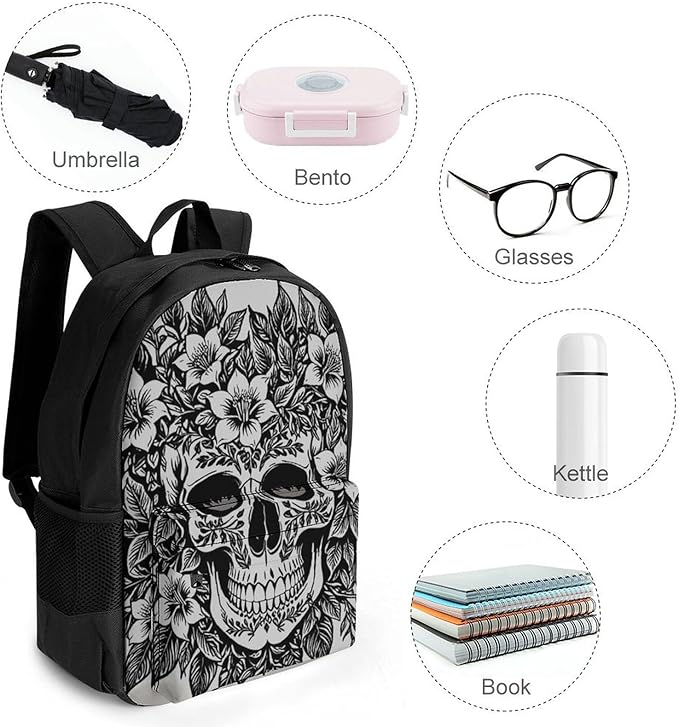 Men Women Lightweight Skull Head Black Daypack Bookbag Big Capacity Carry On Bag With Side Pockets for Camping Travel Bicycle