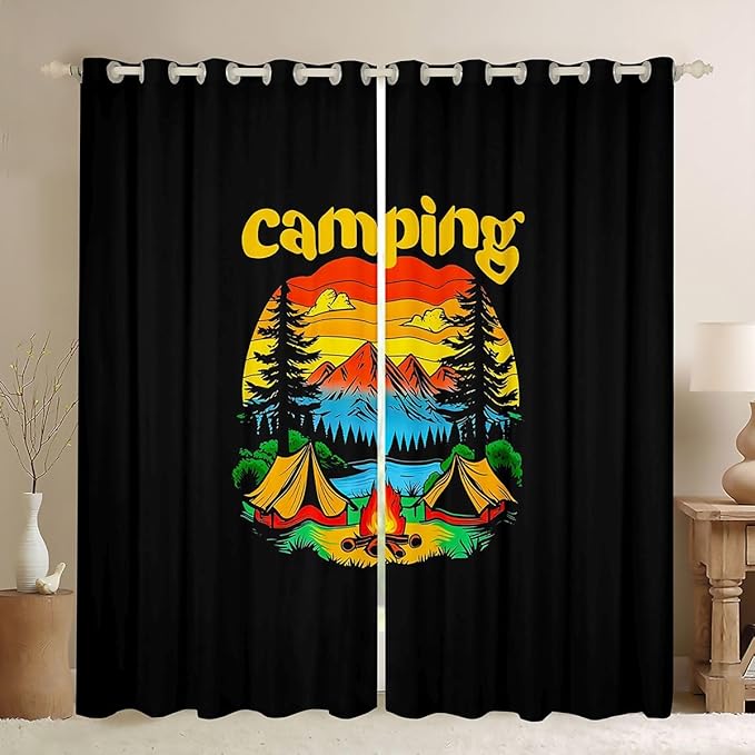 Erosebridal Happy Camping Blackout Curtains for Bedroom Living Room Camper Decor Window Curtains 2 Panels 52" Wx63 L Jungle Camping Adventure Travel Drapes,Rustic Farmhouse Window Treatments