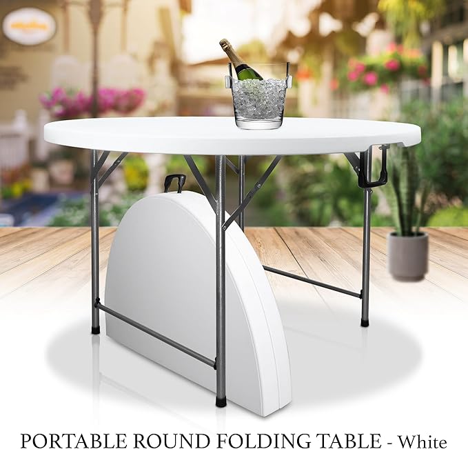 AJP Distributors 4 Foot Portable Round Folding Card Table 4FT 48" Half Foldable Heavy Duty Plastic w/Carry Handle - Indoor Outdoor Backyard Camping Picnic BBQ Party Wedding Dining Office Event White