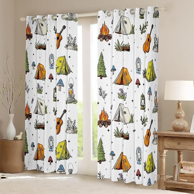 Feelyou Camping Camper Decor Curtains for Bedroom Living Room Campfire Music Guitar Blackout Darkening Drapes Happy Camping Window Treatments, 2 Panels 42 x 84 Inch Room Decor