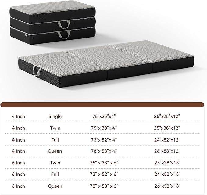 Memory Foam Trifold Mattress, Twin Portable Floor Bed 6 Inch, Foldable Mat with Washable Cover, Handle & Non-Slip Bottom, for RV, Travel, Camping, Yoga, 75"x38"x6", Grey