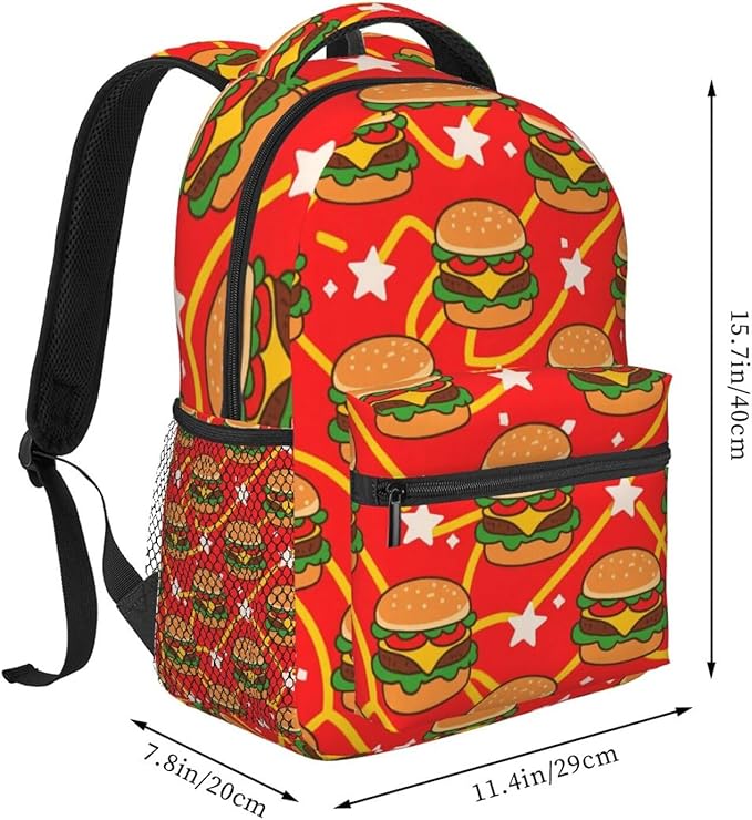 Women Men Polyester Red Hamburgers French Fries Casual Daypack Large Capacity Bookbag With Side Pockets for Sports Picnic Walking Cycling