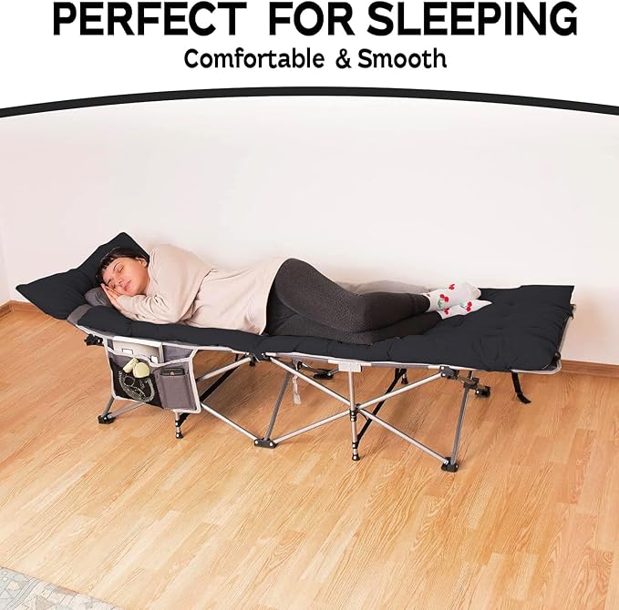 ZONETECH Folding Outdoor Camping Travel Cot and Cot Pad - Premium Quality Lightweight Portable Heavy Duty Adult & Kids w/Large Pocket and Cushion (Gray & Black, 1-Pack)