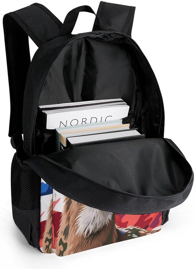 Men Women Lightweight American Flag Camo Deer Camouflage Art Daypack Bookbag Big Capacity Carry On Bag With Side Pockets for Camping Travel Bicycle