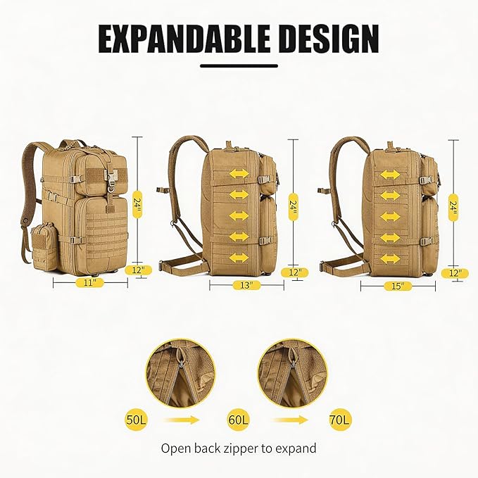 Tactical Backpack for Men, 50L/60L/70L Expandable Military tactical Backpack, Waterproof MOLLE Hiking & Camping Rucksack with Water Bottle Bag, Assault Pack & Bug Out Bag for Outdoor